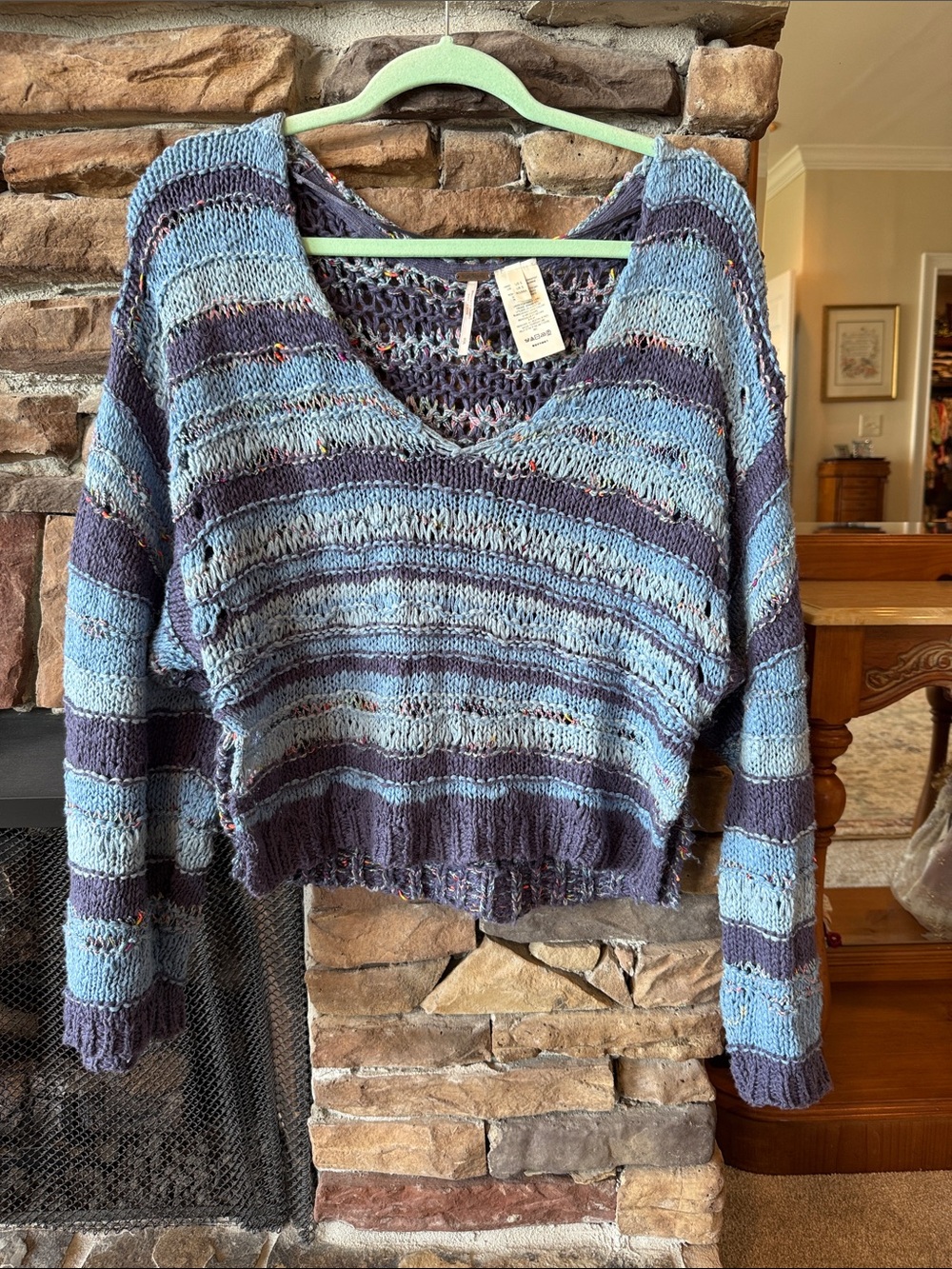 Free People Striped V-Neck Sweater in Light Blue and Navy